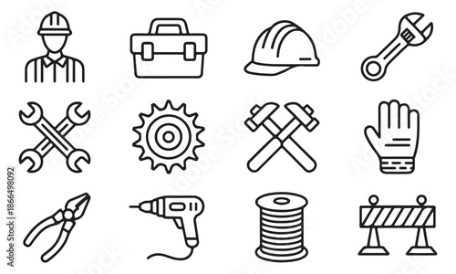 Essential construction and repair tool icons for workers and industrial safety