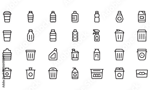 A collection of diverse outline icons depicting various everyday containers and recycling items
