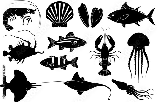 Black silhouettes of various sea creatures and fish