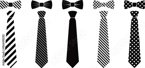 Bow tie and necktie pairs in black and striped patterns for fashion accessory comparison, formal wear design, and vector illustration content.
