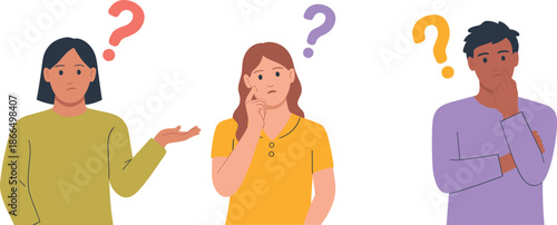 Confused people illustration set showing men and women thinking with question marks, expressing doubt, decision making, problem solving, uncertainty, and hesitation in modern flat style.