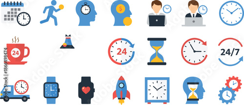Twenty four hour time management icons set, productivity deadline concept, business workflow illustration, round the clock service, efficiency support system