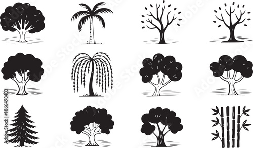 A diverse collection of stylized black and white tree icons representing various species