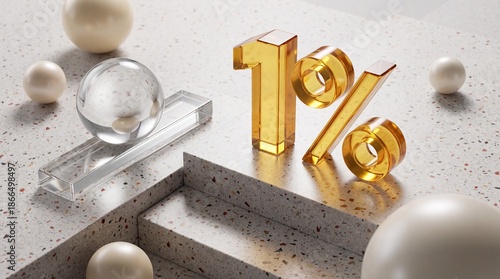 Golden 1% Percentage Sign on Concrete Stage with Spheres and Glass Elements