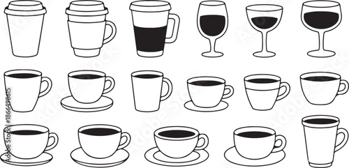 A collection of various outline beverage containers including coffee cups, mugs, and wine glasses
