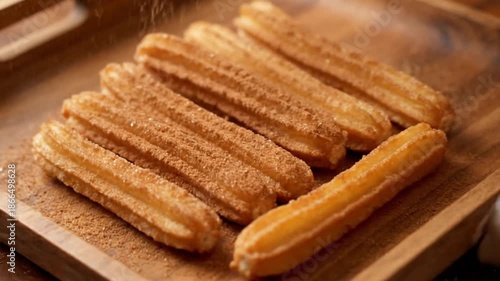 Cinnamon Sugar Churros Sprinkled on Wooden Tray Golden Brown Pastries Traditional Dessert Street Food Close Up Shot for