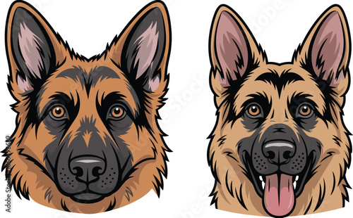 German Shepherd dog portraits with serious and friendly expressions for breed illustration, pet personality, and vector animal art content.