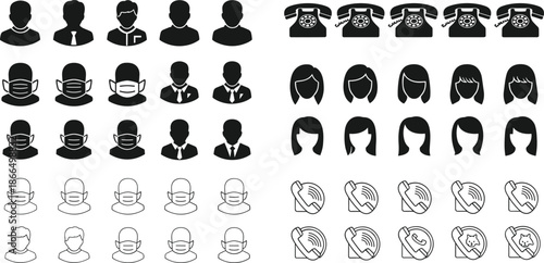 User avatar icon set, male female profile silhouettes, masked people icons, telephone call symbols, contact communication icons, solid outline style