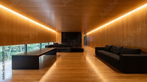 Modern Minimalist Interior with Wood Paneling and Strip Lighting
