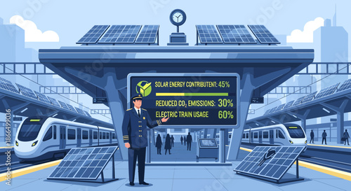 EcoFriendly Train Station with Solar Panels and Electric Trains.