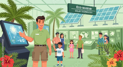 EcoMuseum Tour Guide Explaining Solar Technology to Visitors.