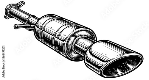 Detailed Woodcut Illustration of a Car Exhaust Pipe in Black