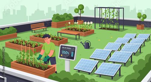 Rooftop Garden with Solar Panels and Smart Technology for Sustainable Urban Living.