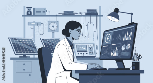 Scientist Analyzing Data on Computer Screen in Laboratory.