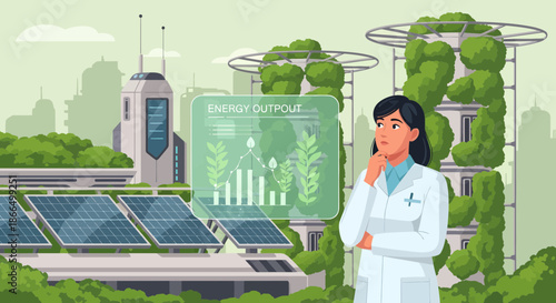 Scientist Analyzing Sustainable Urban Farming Data in Futuristic City.