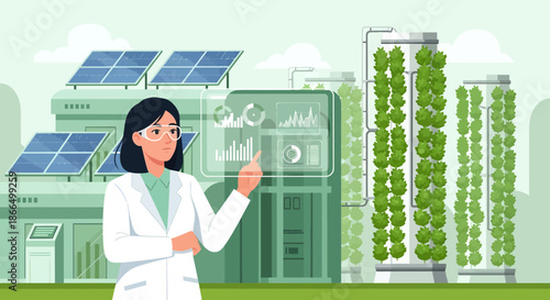Scientist Analyzing Vertical Farming Data with Solar Panels.