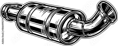 Detailed Woodcut Illustration of a Car Exhaust Pipe in Black