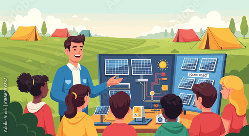 Solar Energy Education Instructor Explaining Solar Panel Technology to Students.