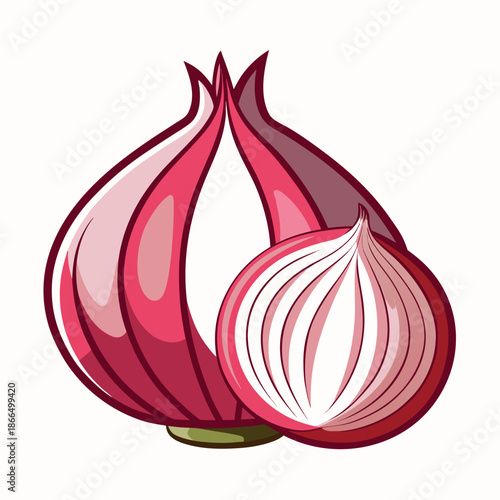 Flat vector illustration of a red onion with one half cut open, clean lines, bright colors,
