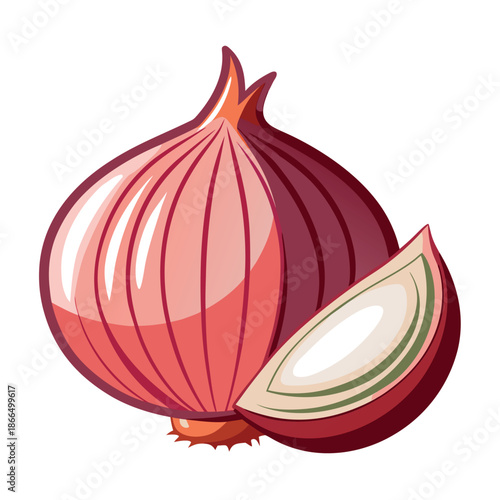 Flat vector illustration of a red onion with one half cut open, clean lines, bright colors,