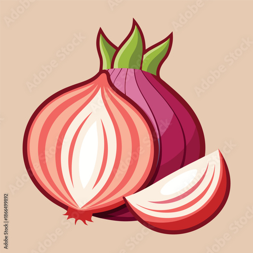 Flat vector illustration of a red onion with one half cut open, clean lines, bright colors,