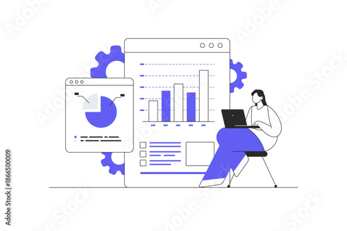 Collaborative Efforts in Business. Engaging in a discussion regarding a project that involves analytics dashboards. Flat Cartoon Vector Illustration, icon Stylish abstract design landing page web