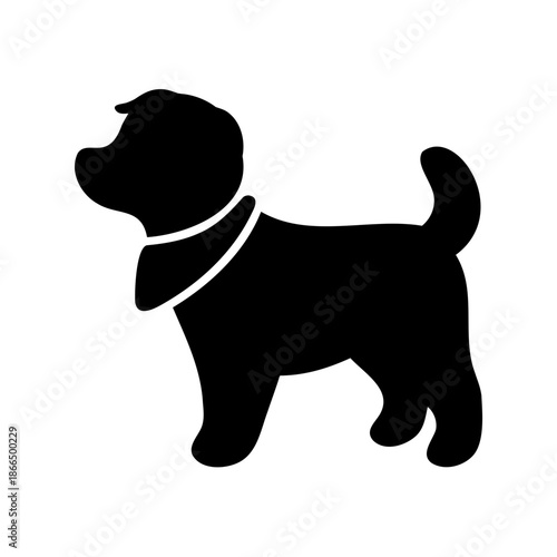 Black silhouette of a dog with collar, standing on white background