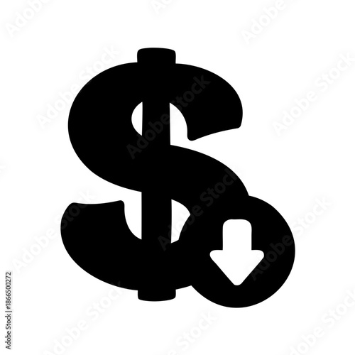 Dollar symbol with downward pointing arrow indicating financial decline and loss