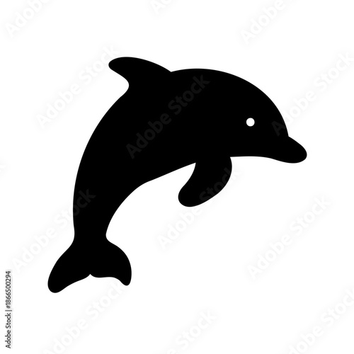 Black silhouette of a dolphin leaping out of the water in a simple design