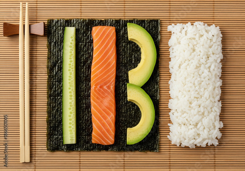 Deconstructed sushi roll ingredients with salmon and rice on bamboo mat knolling.