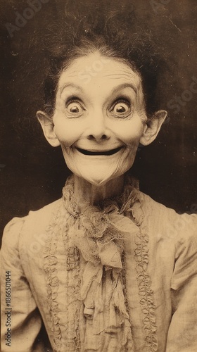 An exuberantly grinning woman in Victorian lace embodies eccentricity and surprise, celebrating World Laughter Day and Gothic Revival