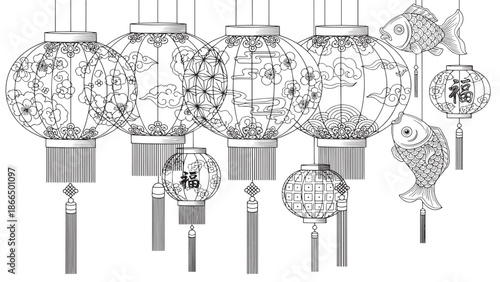 Row of decorative hanging Chinese lanterns forming a festive cultural display.