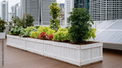Rooftop garden oasis with vibrant greenery thrives under urban skyline, celebrating the spirit of World Green Roof Day and urban ecology