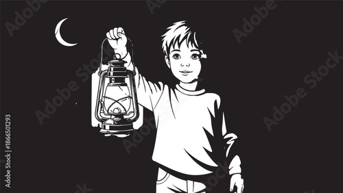 Young boy holding a lantern under a crescent moon illustration.