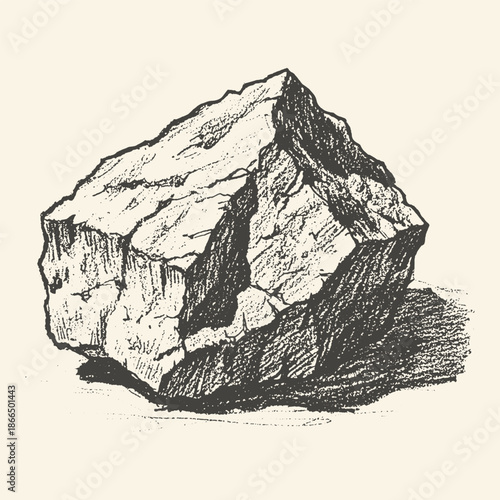 Vintage Hand-Drawn Ink Illustration of a Large Rock Boulder with Cross-Hatching Details on Cream Background. Scientific Sketch Style for Geology and Nature Designs.