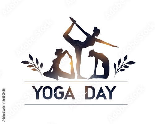 global yoga day celebration background woman in different asana with leaves