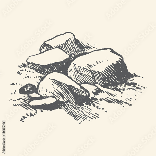 Vintage Hand Drawn Ink Illustration of a Cluster of Rocks and Stones, Retro Sketch Graphic Design Element Isolated on Neutral Background