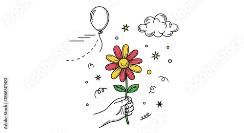 Hand holding colorful flower with balloon.