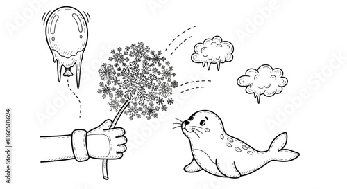 Hand holding dandelion near seal illustration.