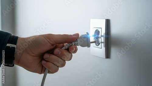 Close-up of a Person's Hand Plugging a White Power Cable into a Modern Wall Socket with a Soft Blue Glow