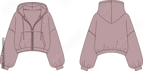 Cropped hoodie technical sketch, front and back view, fashion flat, apparel design, clothing template, patch pocket, drawstring hood, zip front, gathered hem, casual wear
