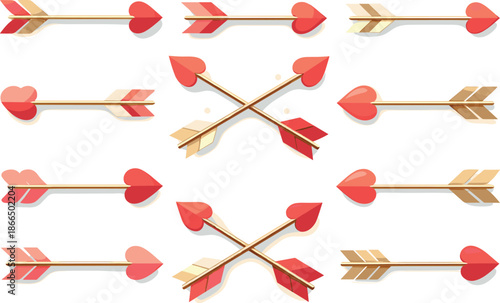 Geometric Cupid Arrows. Clean geometric arrows with heart tips aligned in a stylish modern pattern, modern flat vector