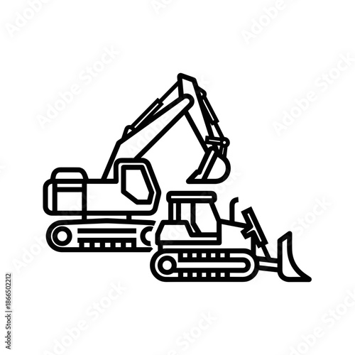 minimal line icons of heavy construction machinery including excavator and bulldozer for industrial blogs, building websites, engineering stationery, and earthmoving safety guides