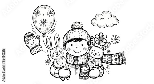 Child with Rabbits and Winter Accessories.