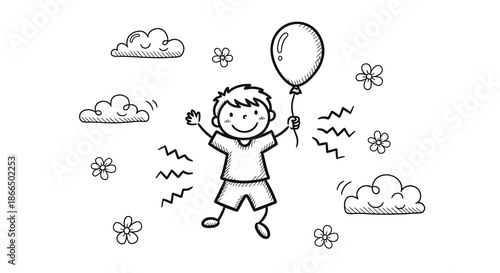 Happy Child Holding Balloon Outdoors Joyfully.