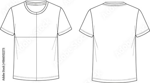 Short-sleeve t-shirt technical sketch, front and back view, fashion flat, apparel design, clothing template, construction lines, bust guide, casual wear, garment spec