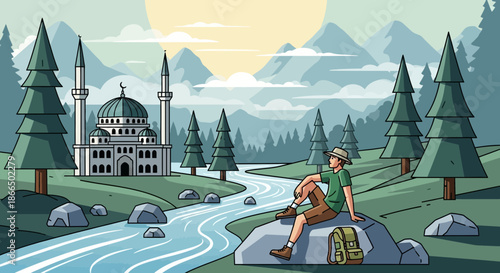 Traveler Resting by River with Mosque View.