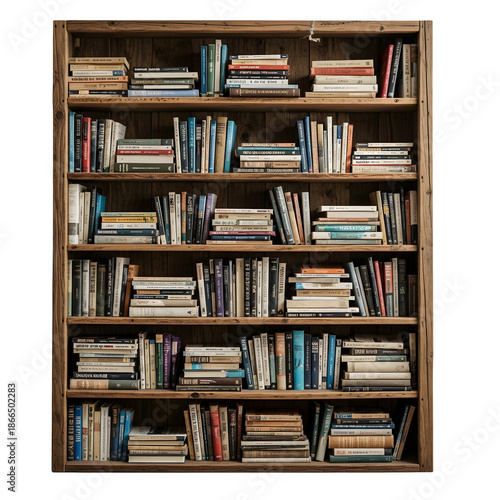 A large wooden bookshelf filled with numerous books on multiple shelves
