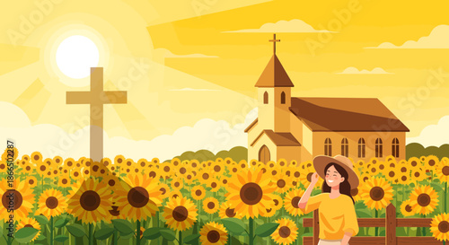 Sunflower Field with Cross and Church A Serene Religious Landscape.