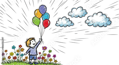 Child Holding Colorful Balloons in Field.